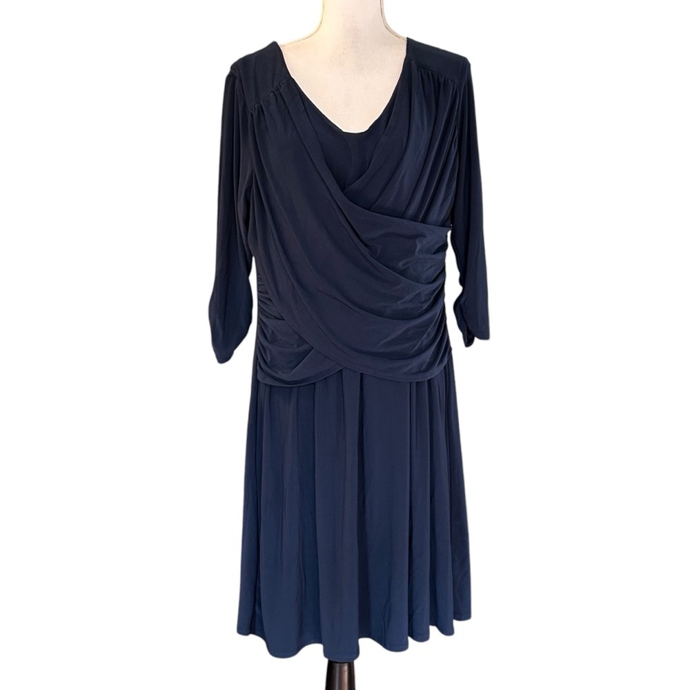 NY COLLECTION WOMAN RUCHED FIGURE FLATTERING V-NECK 3/4‎ SLEEVE DRESS SZ 1X NAVY